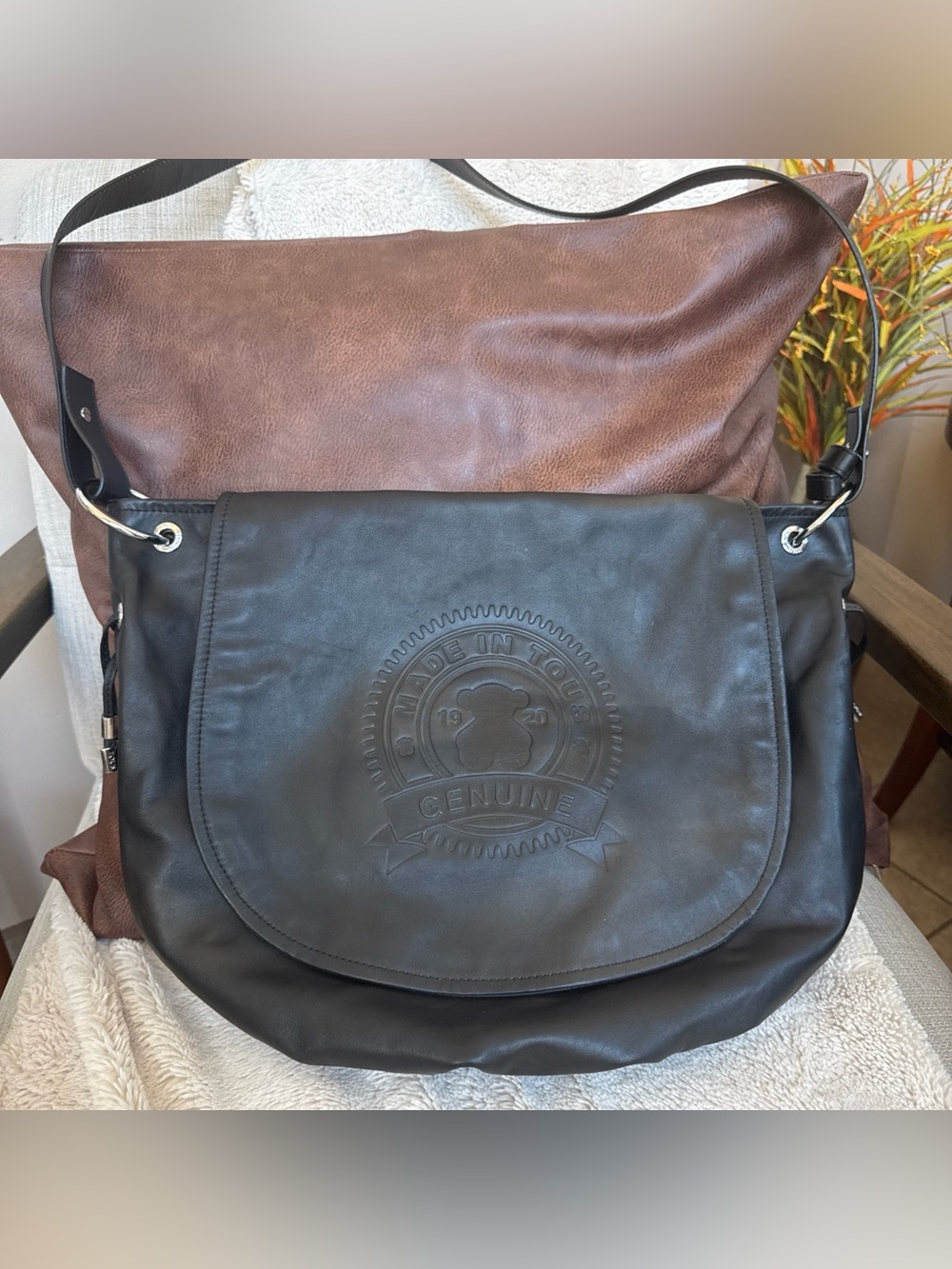 Tous Genuine Embossed Black  Crossbody Messenger Bag Bear silver hardware
